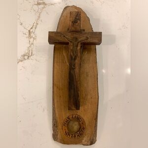 Vintage Crucifix Jesus Holy Land Cross Carved Olive Wood Nazareth Mid Century